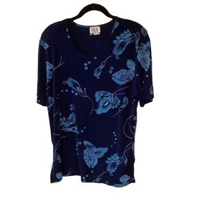 RM Vintage Y2K Blue Short Sleeve Top with Floral Design Moody Floral L